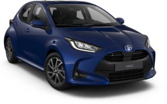 Toyota Yaris in einer schrägen Vorderansicht zur Darstellung der Farbe Nachtblau Metallic.