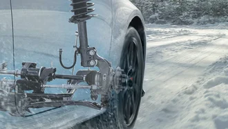 Detailansicht eines Vorderrads des Toyota GR Yaris - computergrafische Darstellung der Radaufhängung