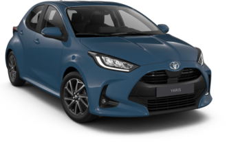 Toyota Yaris in einer schrägen Vorderansicht zur Darstellung der Farbe Urban Blue.