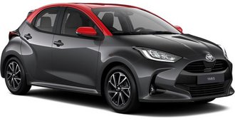Toyota Yaris in einer schrägen Vorderansicht zur Darstellung der Farbe Marlingrau und Tokio Fusion Rot.
